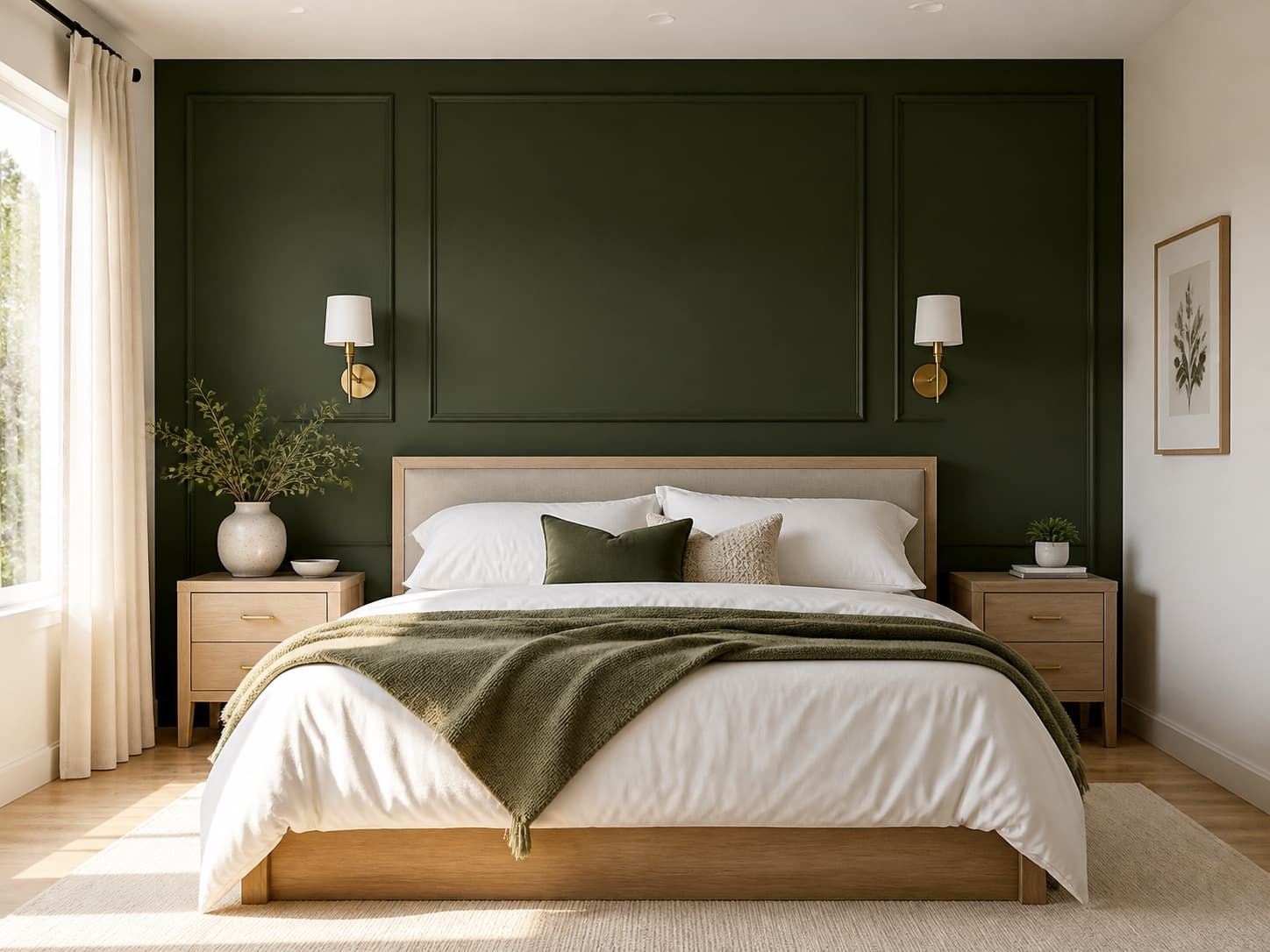 Generated bedroom with a deep green paneled accent wall behind the bed.