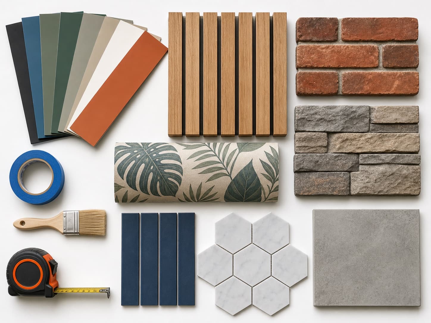 Generated flat-lay material board with paint, wood, brick, wallpaper, tile, and tools.